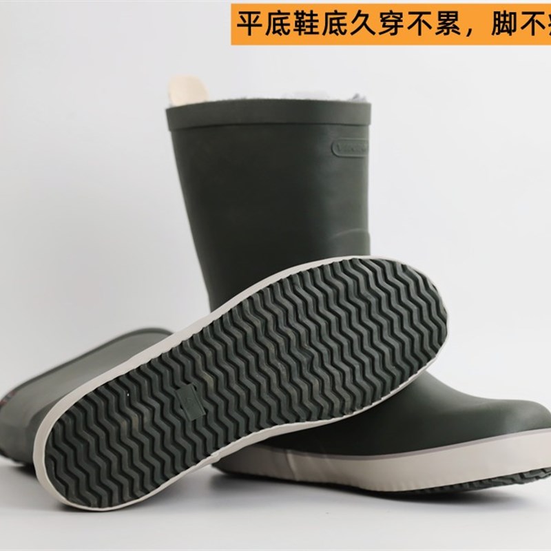 欧美平底中筒男加厚加绒一体毛绒防滑轻便保暖男女士雨鞋雨靴水鞋