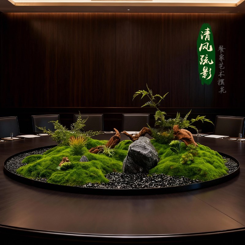 餐桌中间转盘摆花大圆桌装饰品摆件高端饭店饭厅包厢微缩景观摆台