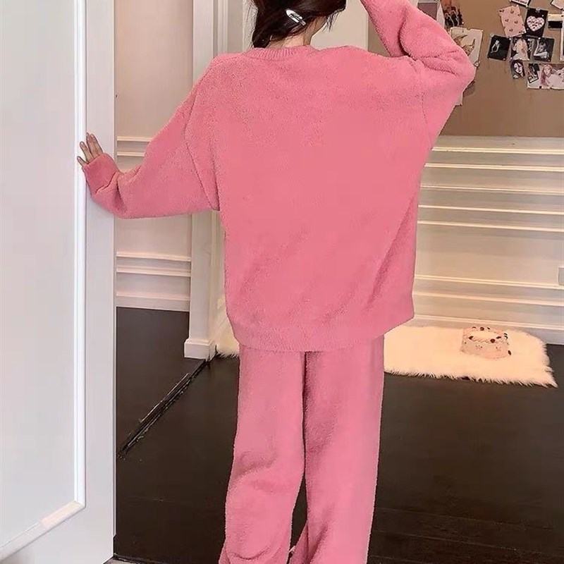 秋冬季新款半边绒加厚女装家居服ins韩国甜美粉色珊瑚绒睡衣套装