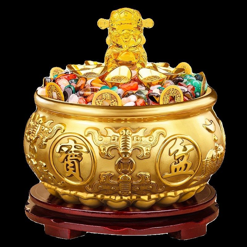 五彩石铜聚宝盆摆件水晶招财聚财五色黄铜米缸存钱罐客厅店铺前台