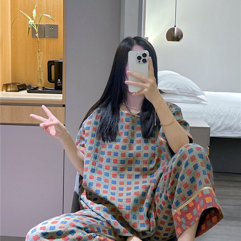 中国风短袖睡衣女夏仿古纱布棉小碎花家居服大码200斤七分裤套装