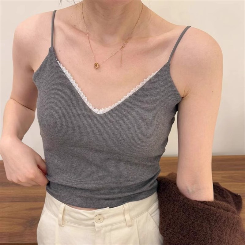 蕾丝v领大露背美背吊带背心女带胸垫免穿文胸可外穿内搭打底上衣