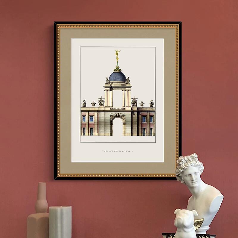 欧式建筑客厅背景墙画法式复古玄关装饰画办公室书房挂画实木卡纸