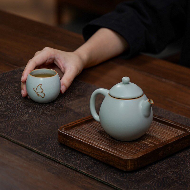 汝窑茶壶套装一壶一杯景德镇茶具一人饮茶个人专用龙蛋轻飏茶组