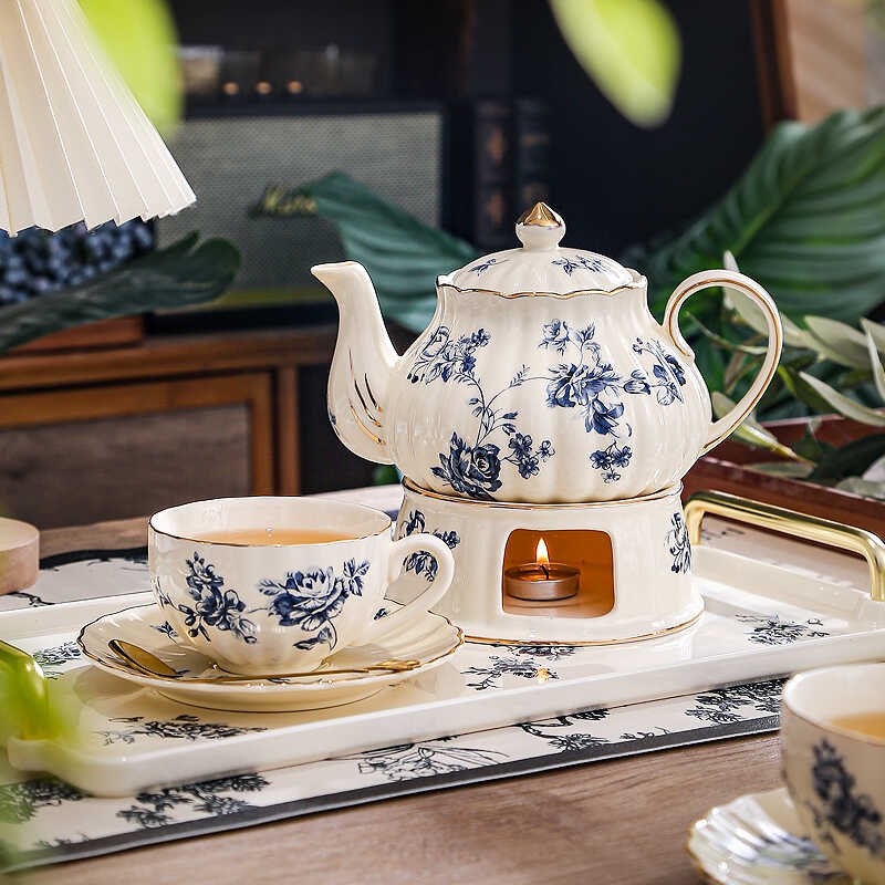 欧式轻奢花茶茶具套装精致蜡烛加热茶壶陶瓷杯子蜡烛茶壶复古茶具