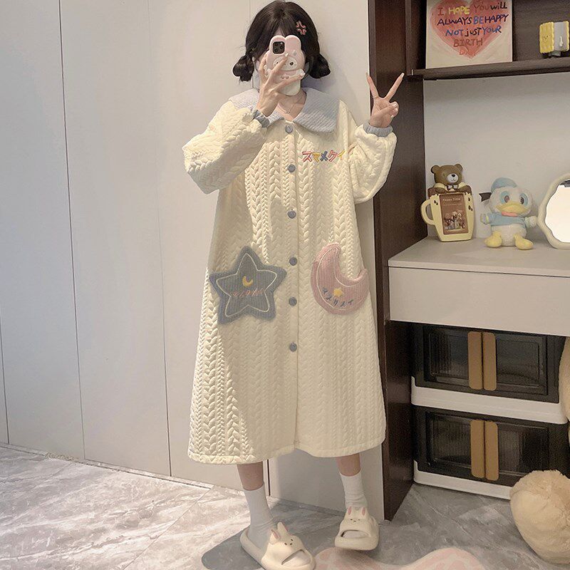 2024新款空气棉夹层睡裙睡袍少女秋冬季长款浴衣加厚保暖宽松浴袍