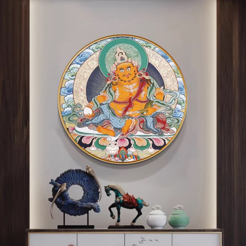 藏传佛像挂画黄财神唐卡装饰画圆形客厅中堂玄关玄幻招财寓意壁画