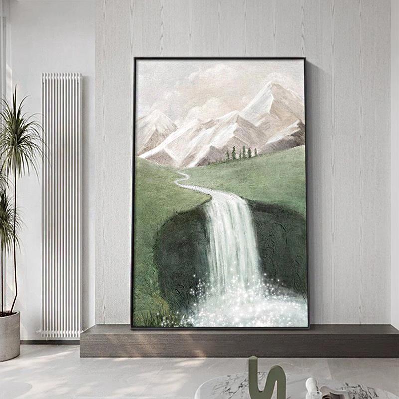 流水生财挂画现代山水绿色瀑布画小众艺术壁画客厅风景装饰画
