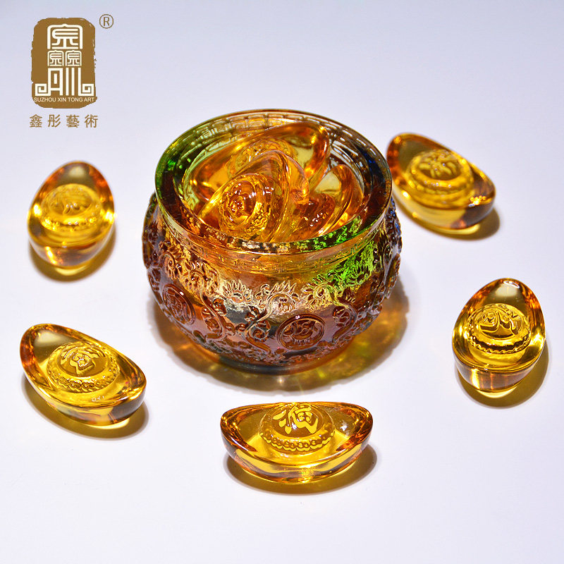 琉璃聚宝盆摆件玄关钥匙收纳盒聚财存钱罐客厅家用招财水晶工艺品