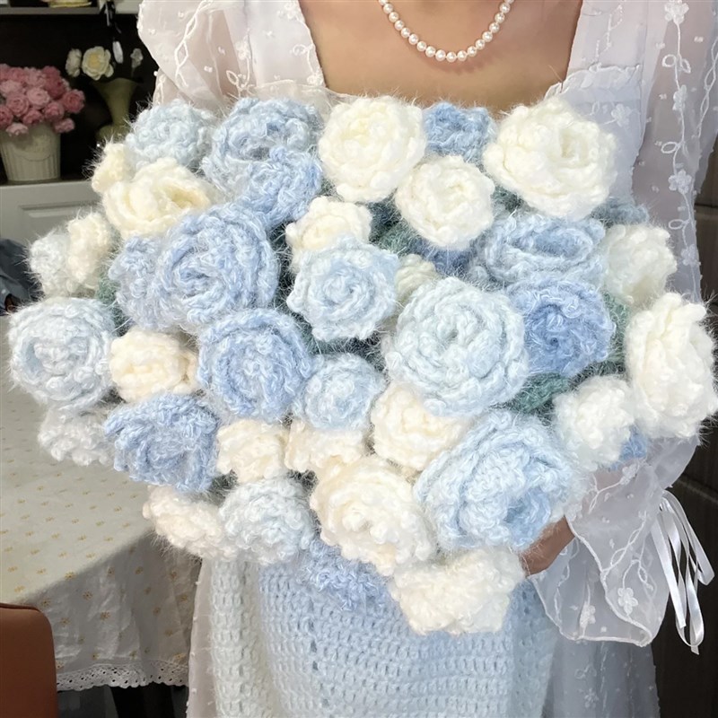 毛线手工编织玫瑰花束毯子diy钩针材料包如意鸟轻岚渐变针织礼物