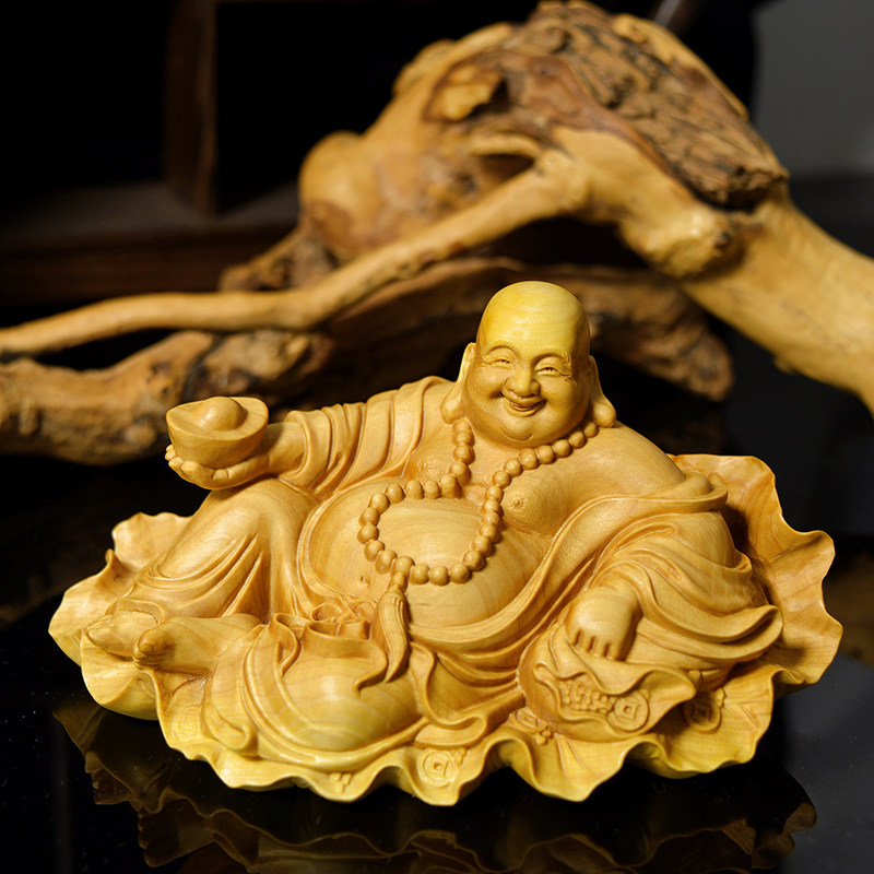 黄杨木雕刻弥勒佛佛像汽车载摆件饰品木头雕刻工艺品卧佛布袋和尚