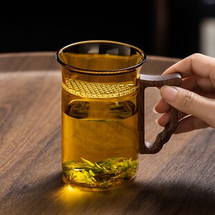 高级木柄月牙杯玻璃茶杯带过滤绿茶专用杯子毛尖龙井杯子带把手