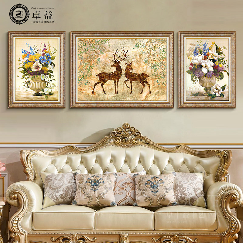 欧式客厅装饰画沙发背景画简欧大气三联挂画现代简约餐厅轻奢壁画