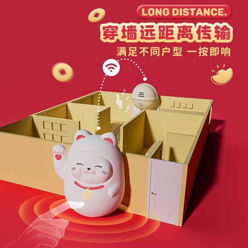 招财猫智能门铃家用无线感应器迎宾铃铛远程电子自发电老人呼叫器
