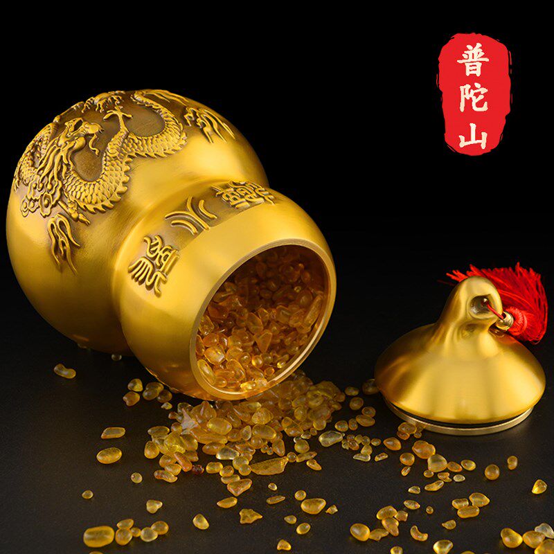 普陀山避火龙瓶子厨房西北角化解纯铜黄水晶五帝钱黄铜葫芦瓶摆件