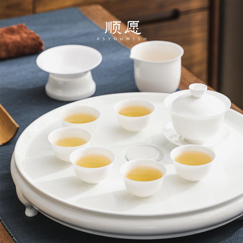 骨瓷茶盘陶瓷茶台排水式接管圆形高档家用茶托简约纯白潮汕茶具