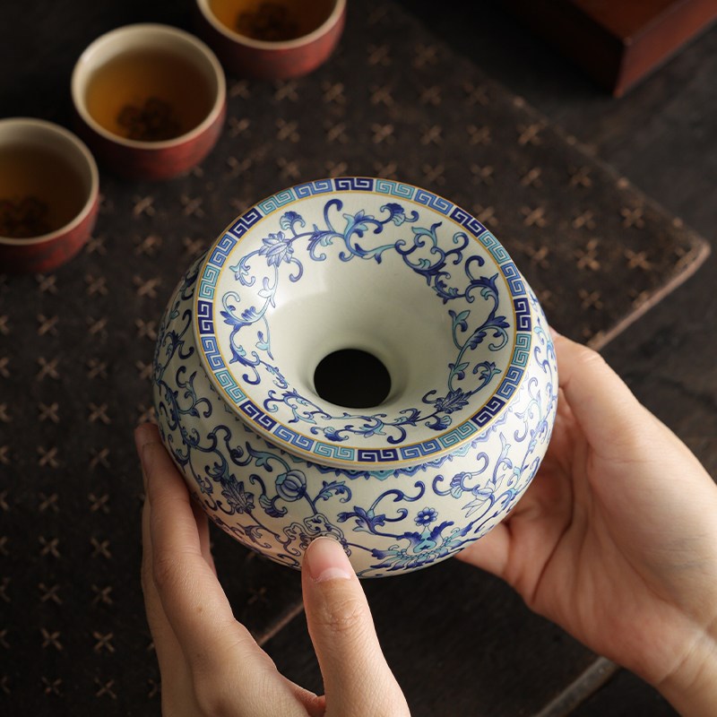 青花汝窑陶瓷烟灰缸防飞灰中式轻奢高档家用办公室个性茶洗缸摆件