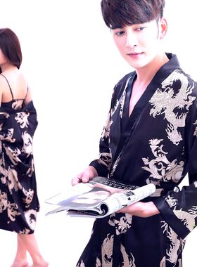 睡袍男士春夏季情侣冰丝质浴袍丝绸睡衣女春秋龙袍长袖薄款家居服