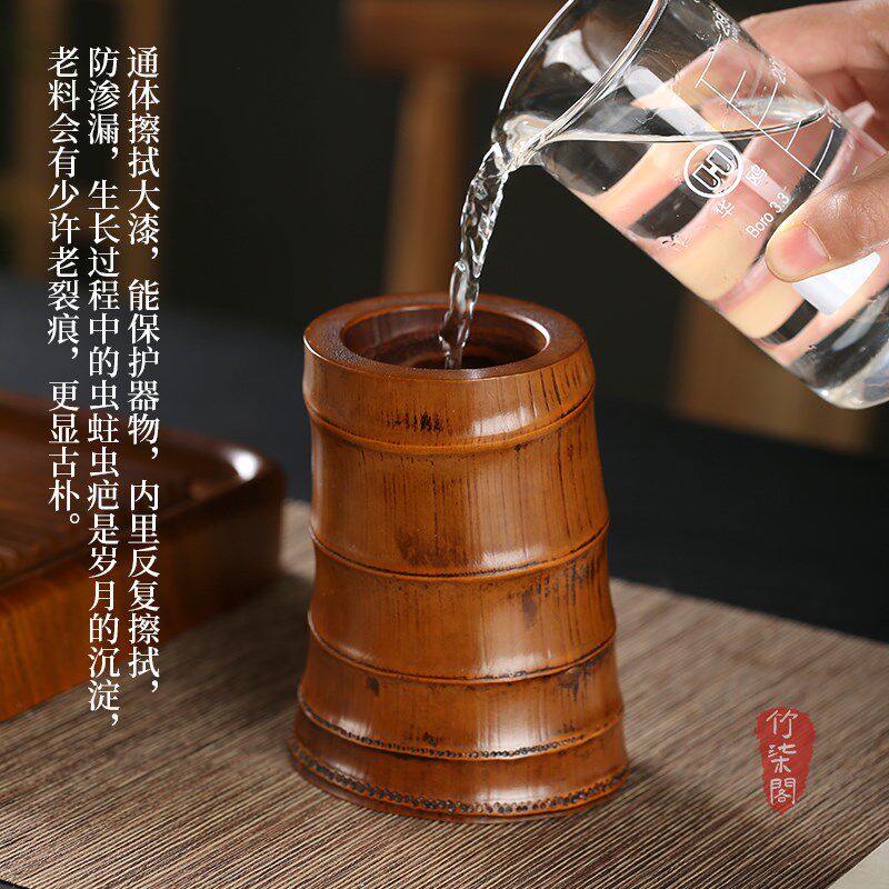 大漆金竹根花器插花器皿中式花盆花瓶小花架竹筒水培桌面装饰摆件