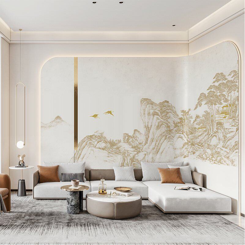 新中式楼阁壁纸复古风客厅电视背景墙纸硬包壁画餐馆包厢装修墙布