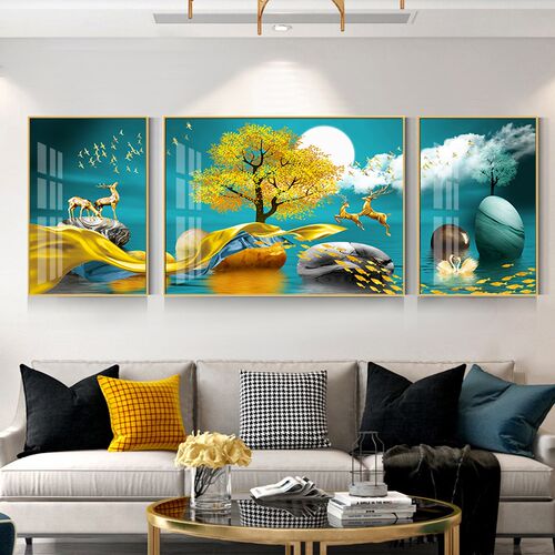 北欧客厅装饰画沙发背景墙新中式挂画现代画大气镶钻晶瓷画三联画