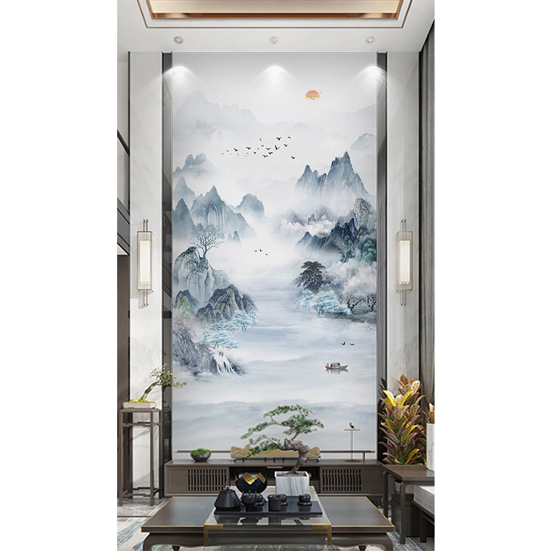 新中式玄关复式楼背景墙电视墙轻奢UV大理石微晶石岩板影视墙造型