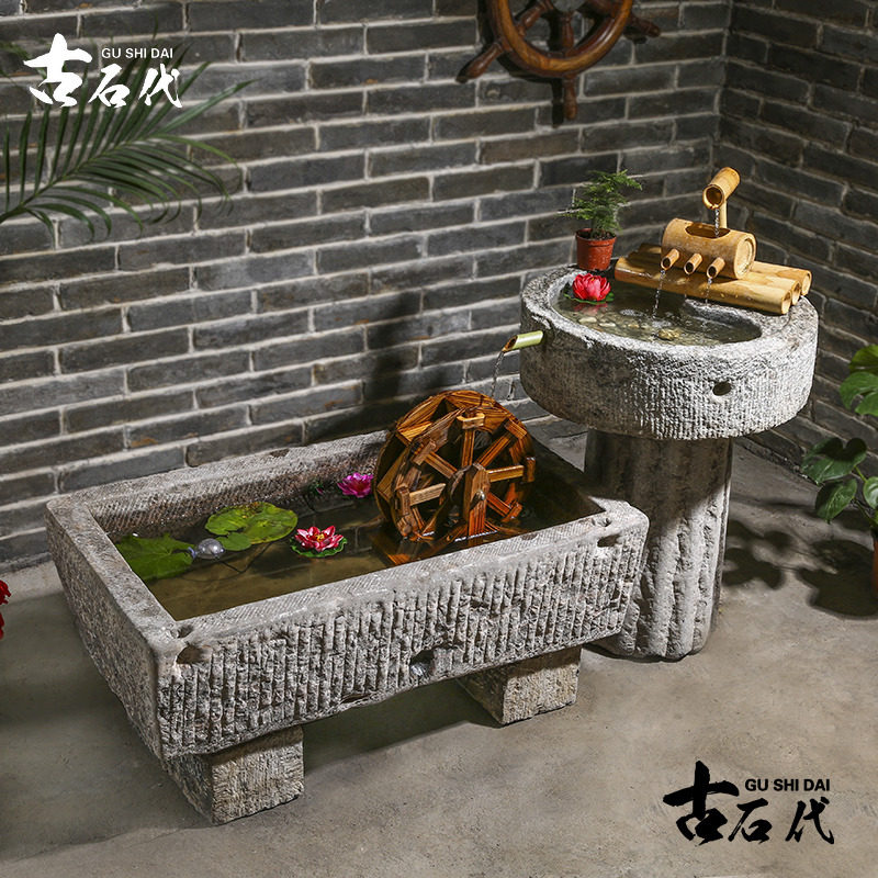 青石牛槽鱼缸马槽流水老旧石槽水景大型风水招财摆件庭院水槽喷泉