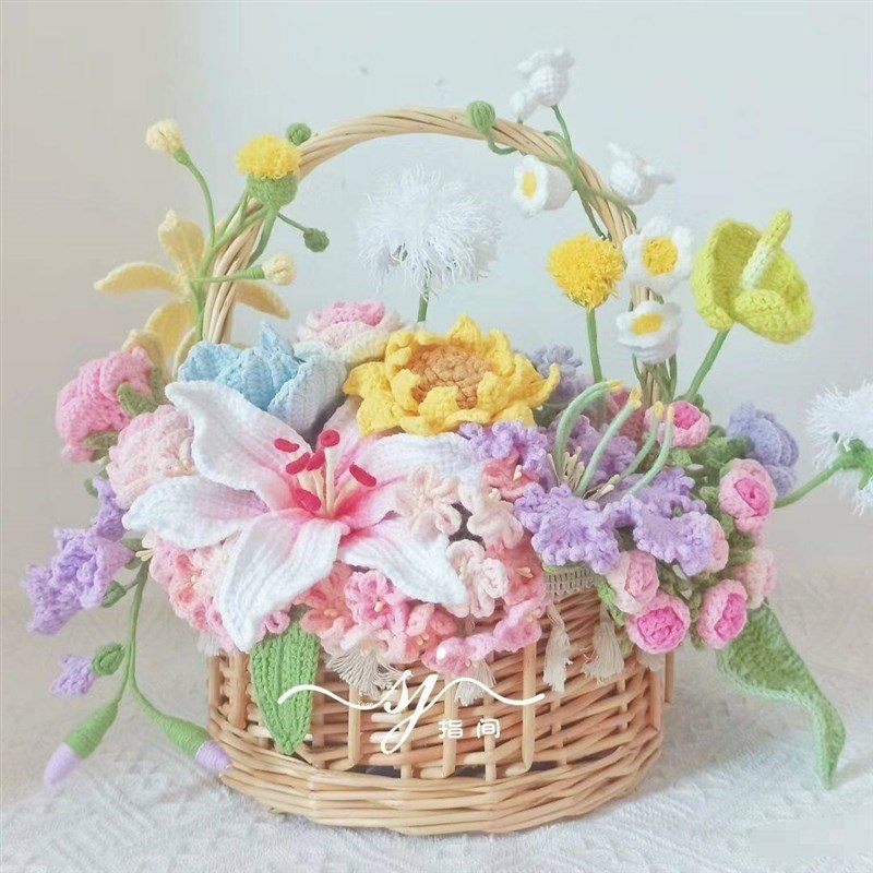 成品手工花束编织向日葵玫瑰结婚花篮自制钩织摆件送闺蜜女友礼物
