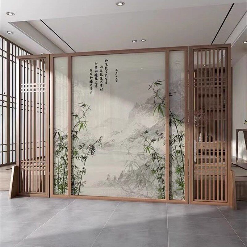 新中式实木屏风隔断客厅进门入户遮挡玄关移动家用镂空办公座屏