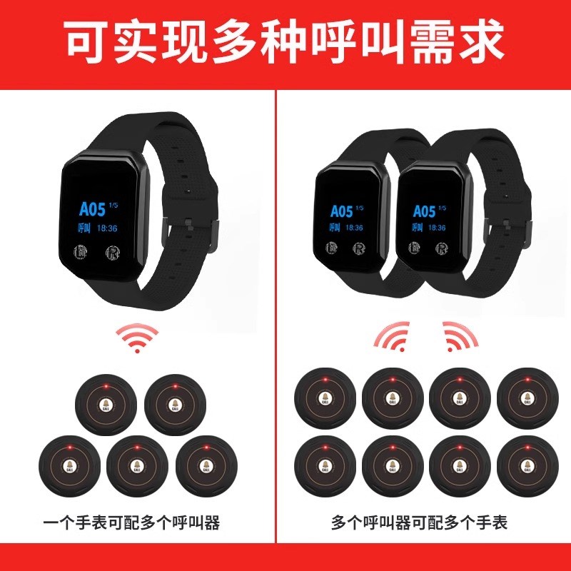 无线餐厅呼叫器 手表型服务员呼叫铃 远距离信号防水呼叫器组合