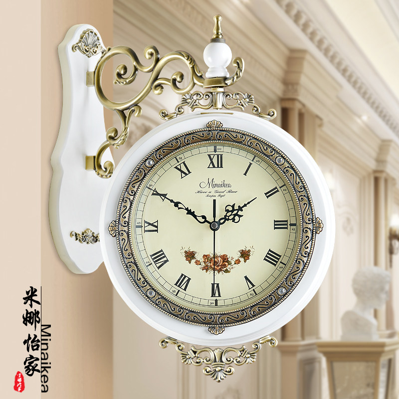 欧式客厅挂钟双面时尚实木两面艺术静音时钟钟表家用创意个性挂表