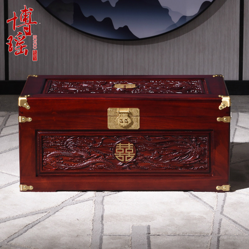 香樟木箱子龙凤铜喜中式陪嫁婚嫁箱结婚整板字画收纳全实木衣箱