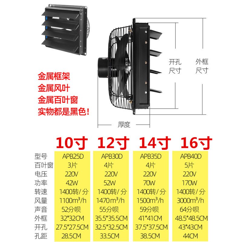 16寸带百叶盖强力排气扇厨房油烟排风扇窗式工业抽风机换气通风扇