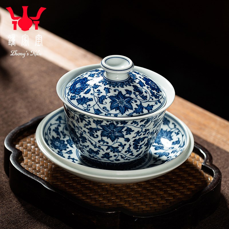 钟家窑盖碗茶杯景德镇手工柴窑青花手绘缠枝连纹盖碗功夫茶泡茶碗