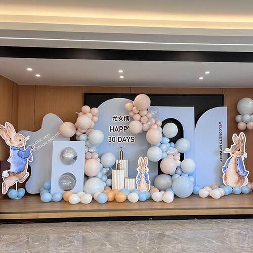 兔宝宝100天男孩气球布置蓝色系背景装饰KT板定制酒店餐厅路引牌