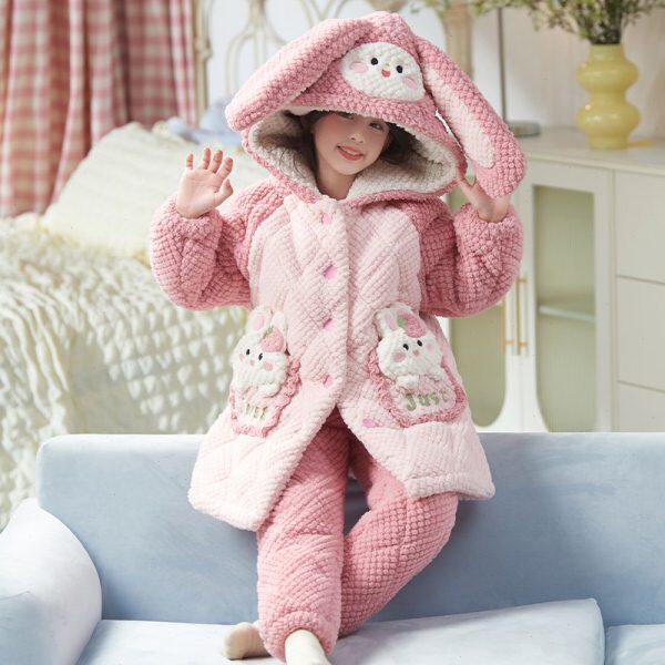 女童睡袍套装中长款儿童珊瑚绒三层夹棉睡衣2024秋冬新款浴袍冬季