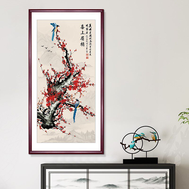 竖版牡丹挂画花开装饰画新中式花鸟图画通道壁画入户走廊玄关定做