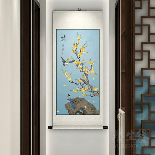 卷轴挂画竖版新中式花鸟国画玄关走廊过道挂画客厅餐厅书房墙壁画
