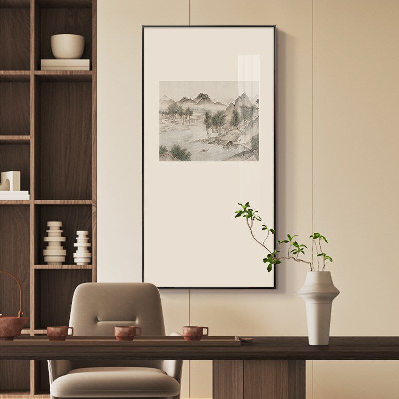 新中式客厅装饰画竖版三联山水水墨国画书房茶室背景墙禅意挂画框