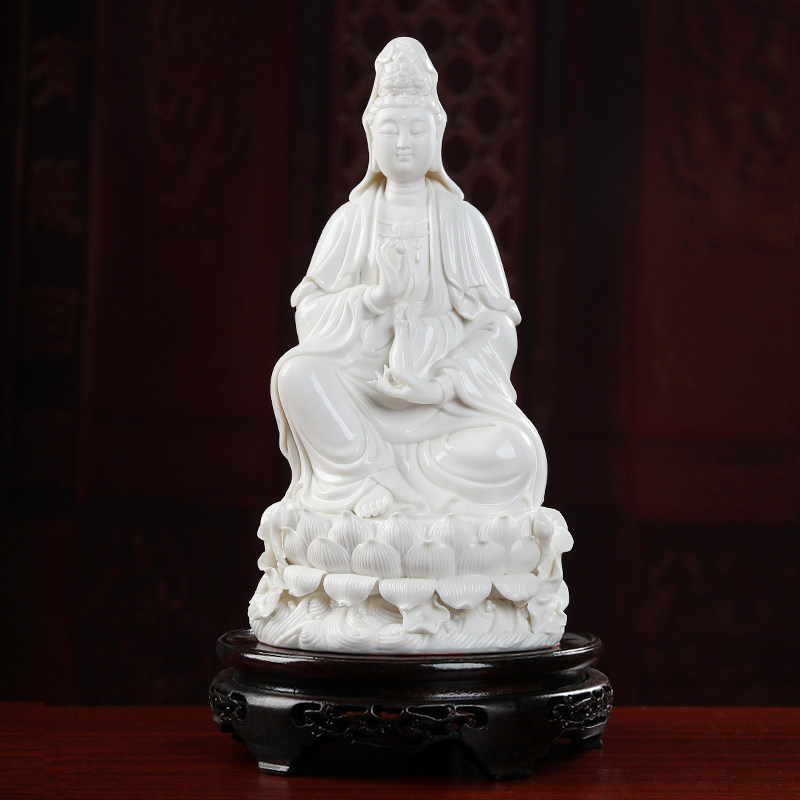 戴玉堂观音财神陶瓷佛像垫高底座黑檀木圆形葫芦花瓶摆件实木底座