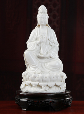 戴玉堂观音财神陶瓷佛像垫高底座黑檀木圆形葫芦花瓶摆件实木底座