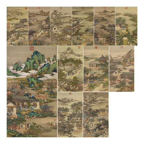 十二月月令图传统青绿山水亭台楼阁界画临摹范本艺术客厅绢布画心