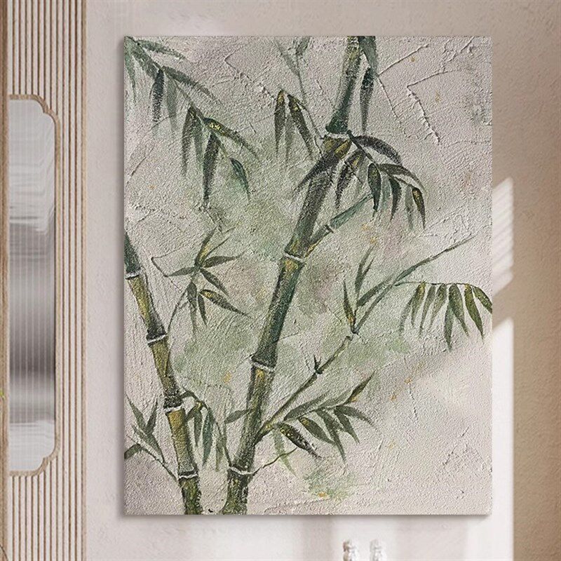 竹报平安纯手绘油画新中式节节高绿色竹叶客厅装饰画茶室肌理挂画