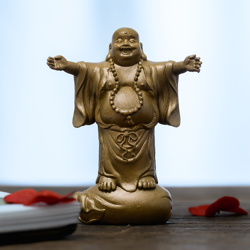 纯黄铜笑佛弥勒佛像摆件弥勒菩萨小号精致的禅意茶空间家居装饰品