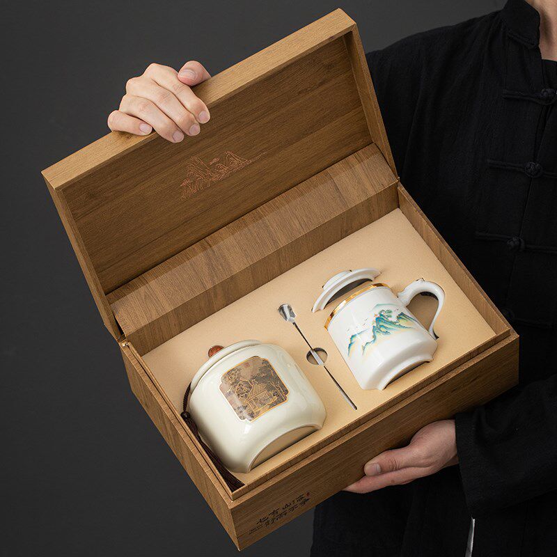 高档中式复古茶叶包装盒空盒陶瓷罐带办公杯套装红茶绿茶定制礼盒