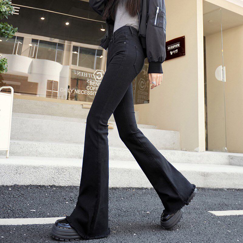 黑色喇叭牛仔裤女2025年春秋季新款修身显瘦高腰微喇毛边拖地子