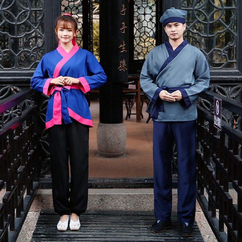 鲁昕幽香小二服装古装短袖套装演出酒店服务员女夏装汉服工作服男