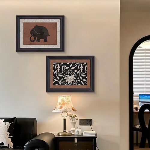 法式复古客厅装饰玄关背景墙中古式挂画小众艺术高级感绿色系大象