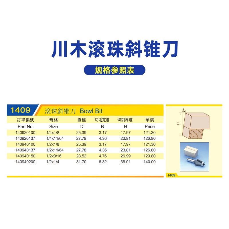 川木刃刀滚珠斜锥刀木工斜边倒角刀修边斜边刀1/2合金斜角刀1409