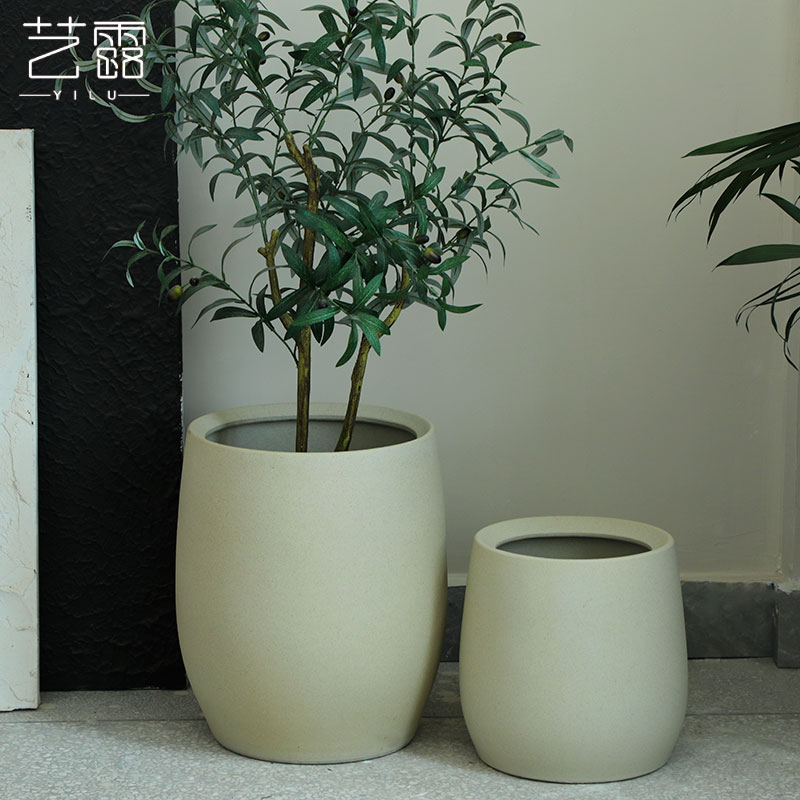 北欧陶瓷花盆大口径带托盘简约客厅装饰泥色侘寂风阳台花园绿植盆